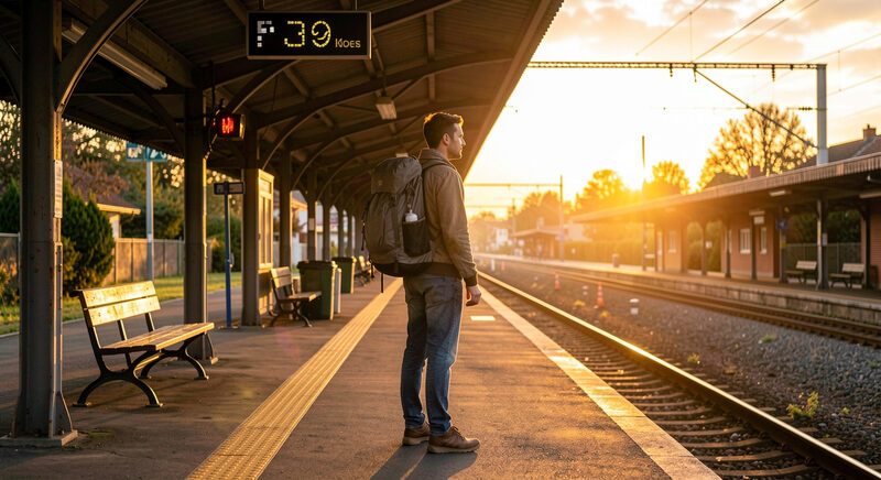 A single traveller with a backpack standing on a quiet station platform at sunrise.