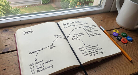 An open notebook showing a hand drawn travel route, with a pencil and coloured pins on a desk by a window.