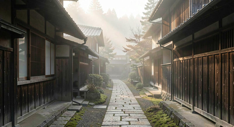 A quiet stone path between dark wooden houses in a Japanese village under morning mist.