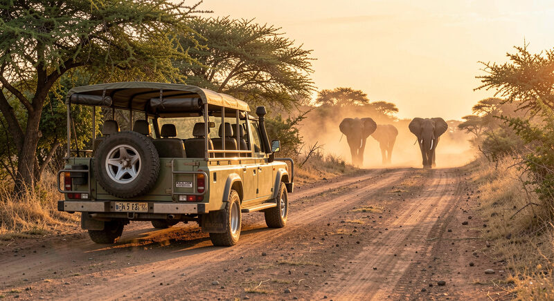 A safari vehicle stopped on a dirt track at golden hour while elephants cross the road ahead.