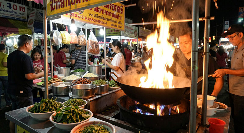 A night market food stall in Thailand with a wok over a high flame and bowls of fresh herbs in front.